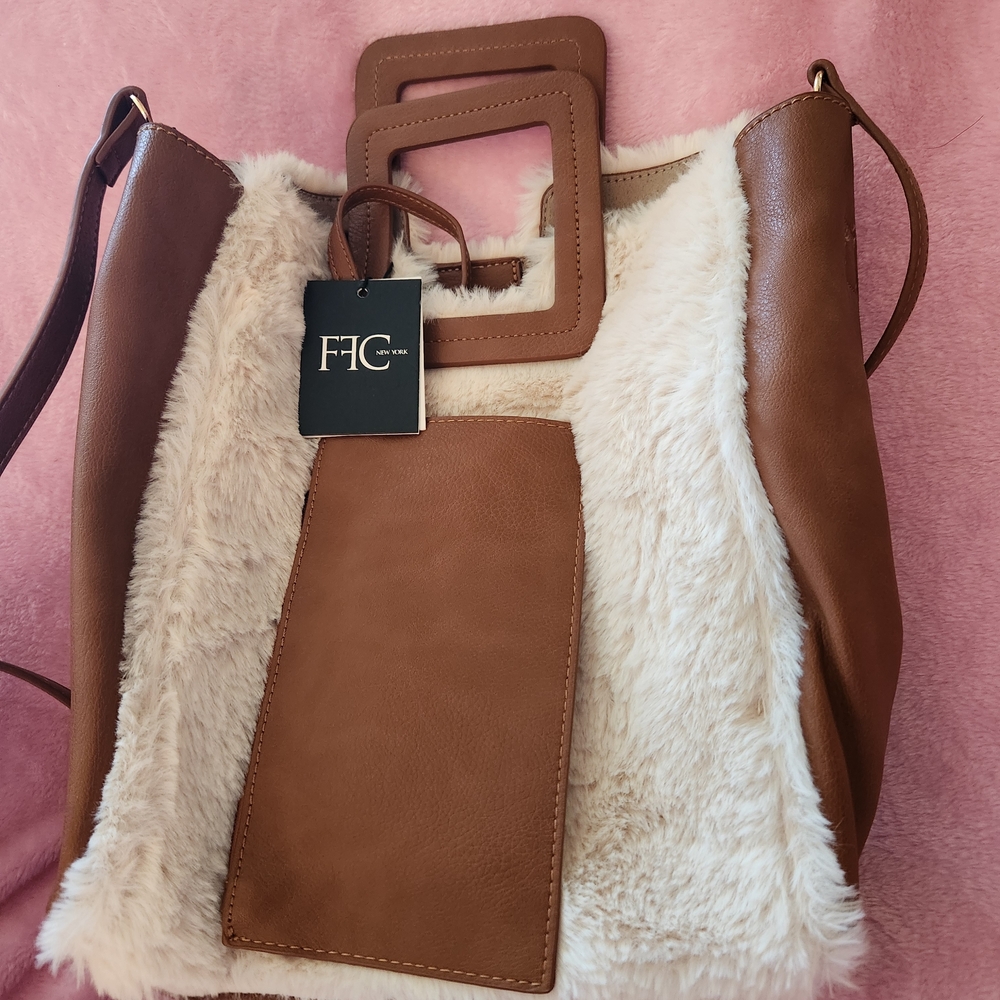 TC Brown and Cream Faux Fur Shoulder Bag
